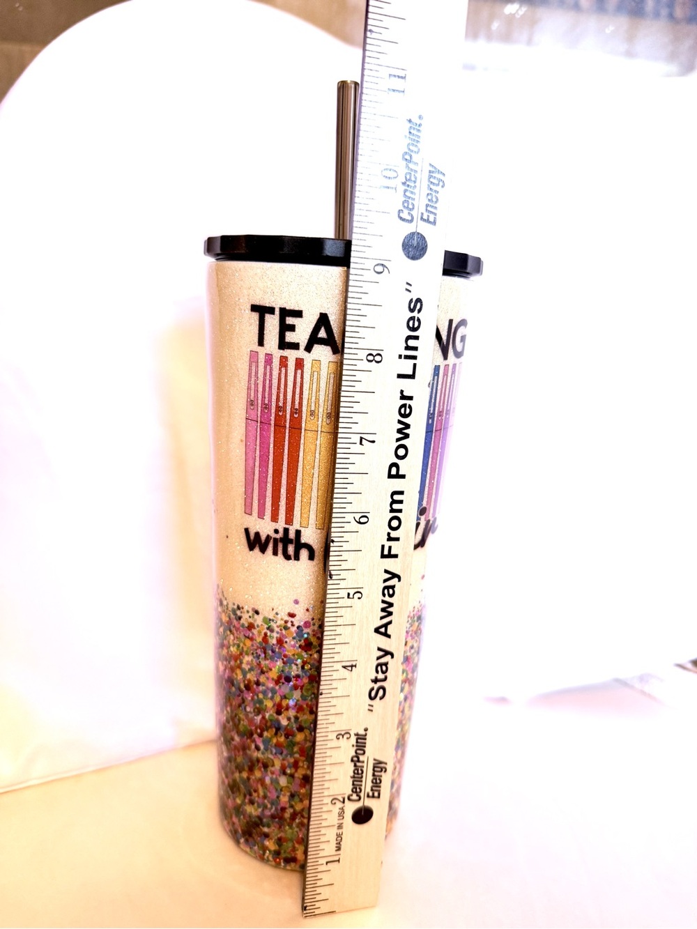 Teaching With Flair Glitter Tumbler — Cream Body with Multicolor Accents - Picture 2 of 5